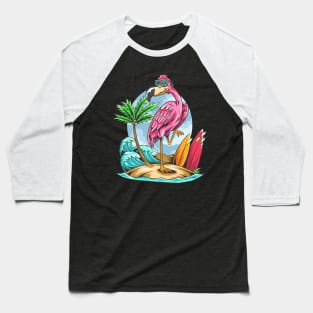 summer flamingos on the beach with coconut trees and surf boards Baseball T-Shirt